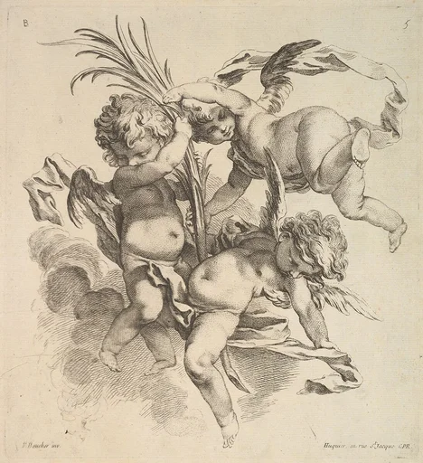Three Children Among Clouds Near a Palm Leaf