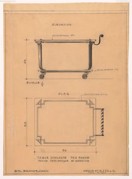 Elevation and Plan of a Wrought-Iron Bar Cart (No.17275.1) — Edgar Brandt