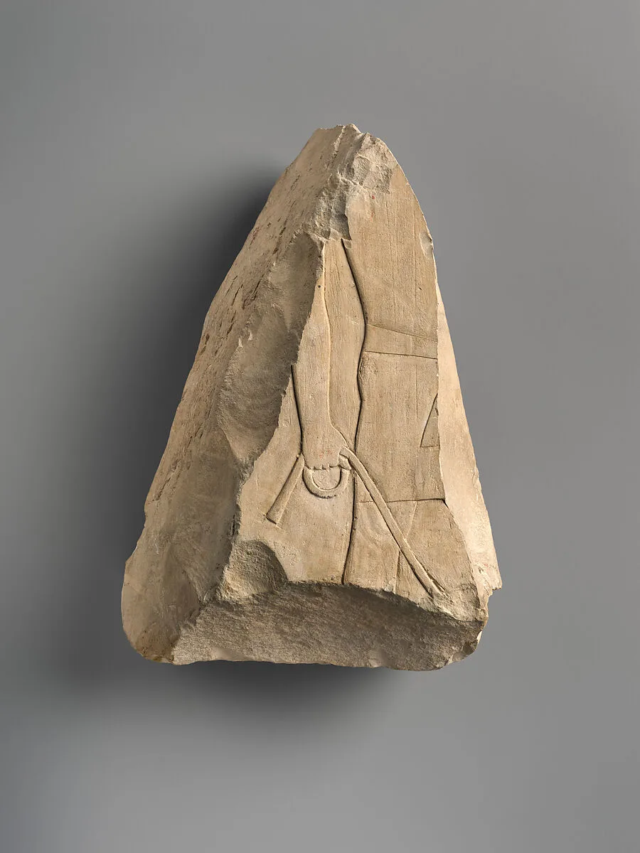 Raised relief fragment of a man bringing a leashed animal — Unknown