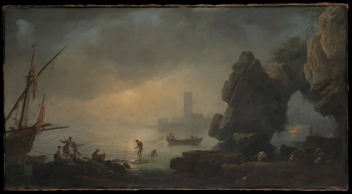 Harbor Scene with a Grotto and Fishermen Hauling in Nets — Joseph Vernet