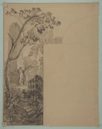 Design for mural decoration surrounding a door: landscape with classical ruins