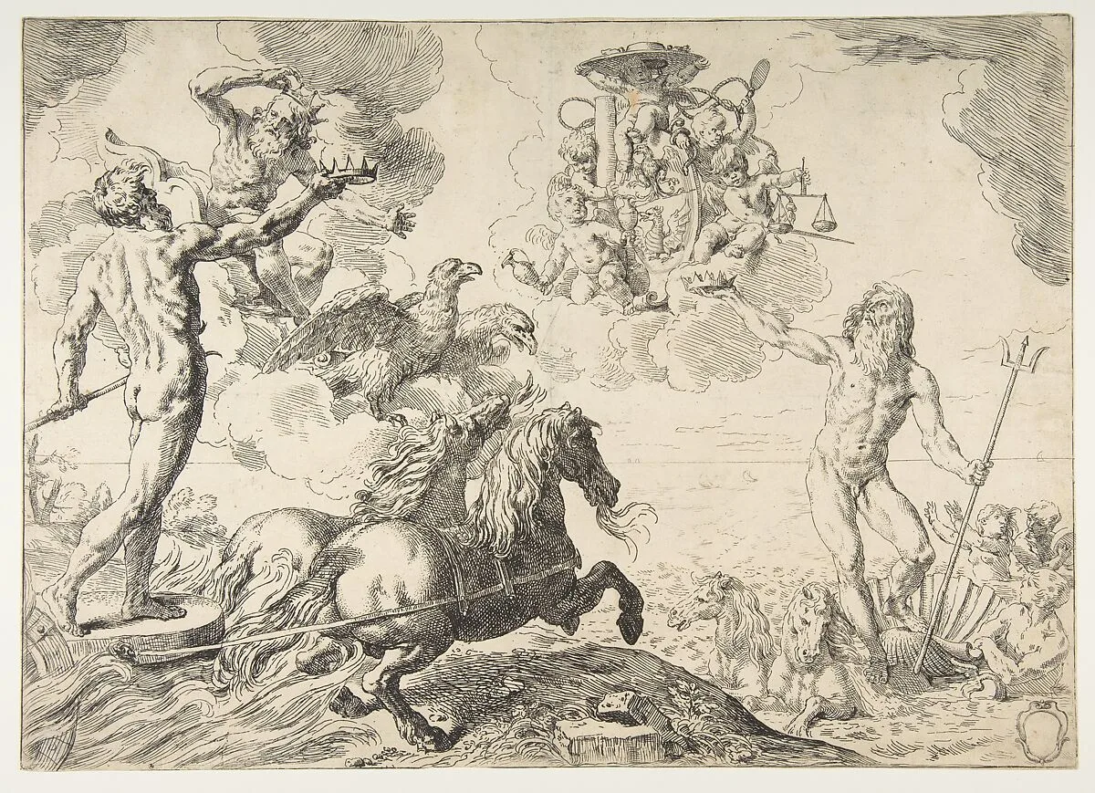 Jupiter, Neptune, and Pluto offering their crowns to the arms of Cardinal Borghese — Simone Cantarini