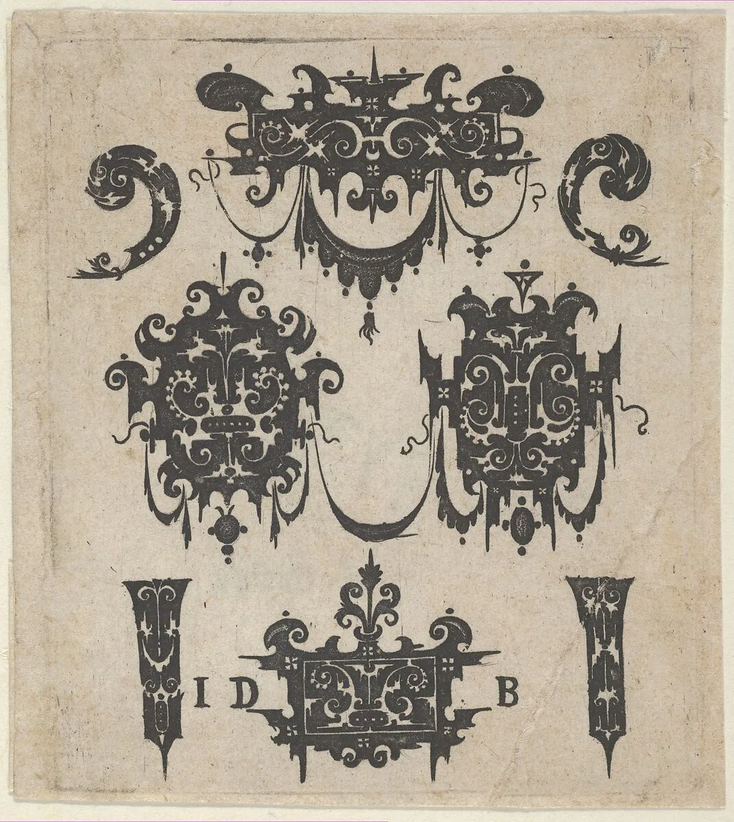 Blackwork Print with Four Shweifwerk Motifs Decorated with Swag Combined with Four Small Fillets — Hans de Bull