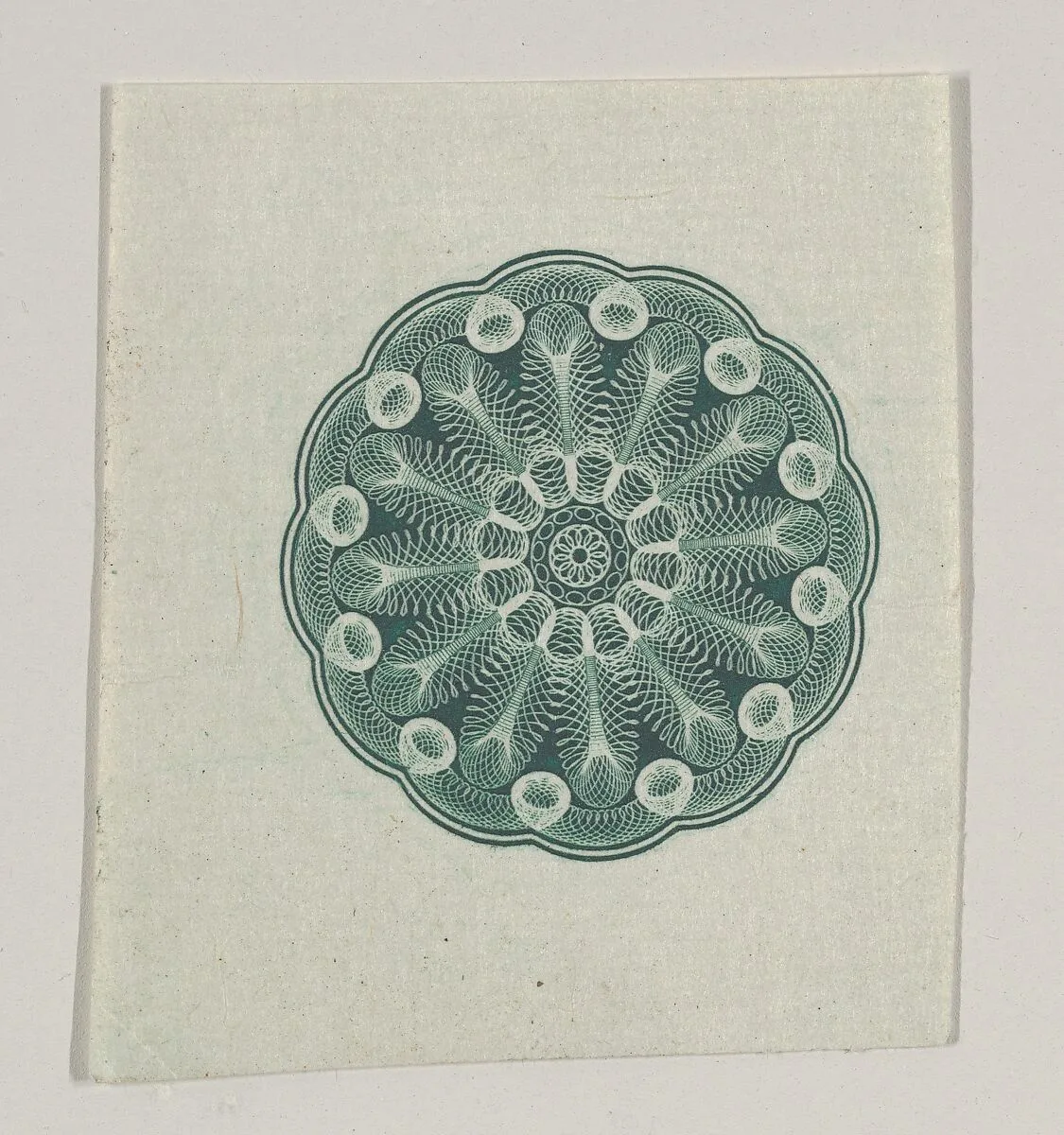 Banknote motif: small circular ornament containing floral lathe work — A. B. & C. Durand & Company|Durand, Perkins, and Company|Cyrus Durand