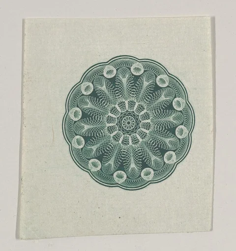 Banknote motif: small circular ornament containing floral lathe work