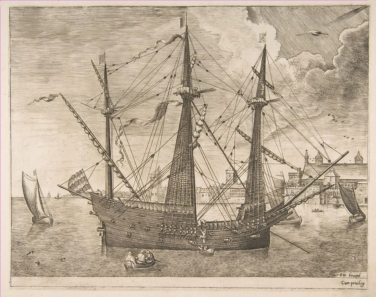 Armed Three-Master Anchored Near a City from The Sailing Vessels — Pieter Bruegel the Elder|Frans Huys|Hieronymus Cock