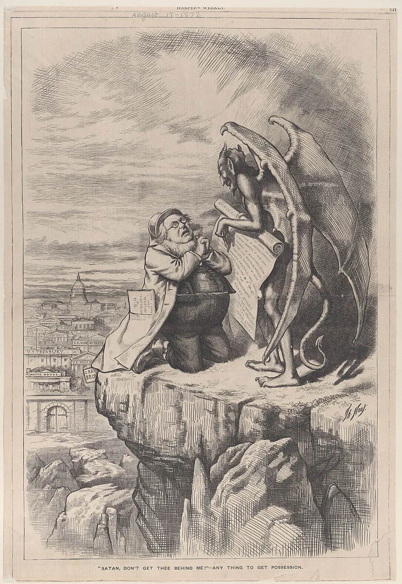 "Satan, Don't Get Thee Behind Me!"–Anything to Get Possession (from "Harper's Weekly," vol. 16, p. 641) — Thomas Nast|Horace Greeley|Harper's Weekly