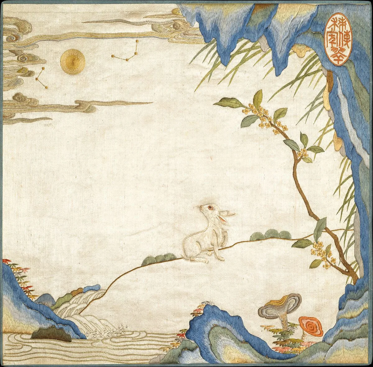 清乾隆 絲繡玉兔望月|Rabbit gazing at the moon and stars besides a blossoming osmanthus, lingzhi fungus, and autumn leaves — Unknown