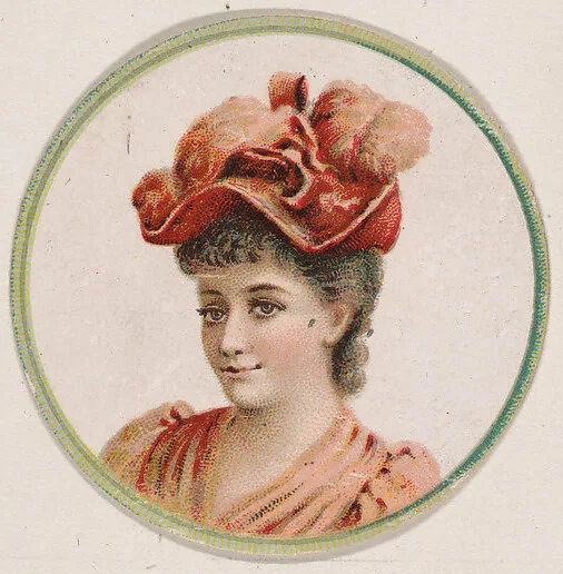 Woman wearing hat with pink feathers, from the Novelties series (N228, Type 2) issued by Kinney Bros. — Kinney Brothers Tobacco Company