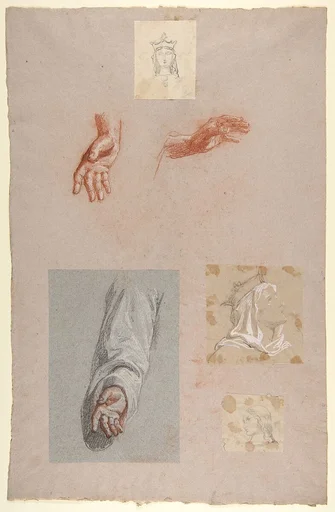 a. Hands of Saint Remi (lower register); b. Head of Saint Clotilde (upper register); c. Head of Saint Clotilde (lower register); d. Head of an Angel (upper register); e. Hand and Sleeve of Saint Remi