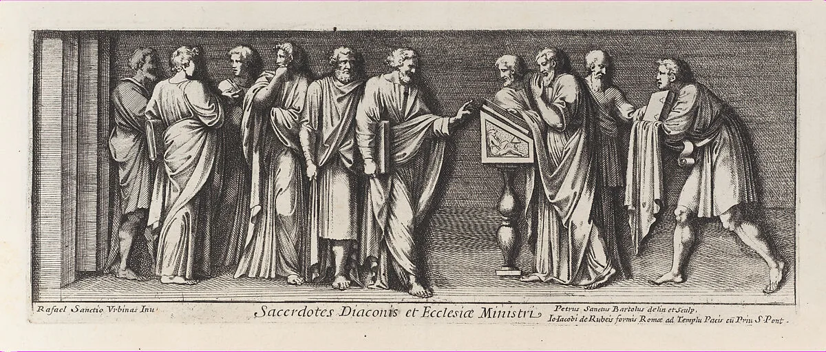 Saint Paul standing before the Proconsul, from a series of 15 plates, depicting Raphael's works for the Vatican stanze and the Sistine Chapel tapestries — Pietro Santi Bartoli|Raphael (Raffaello Sanzio or Santi)|Giovanni Giacomo De Rossi
