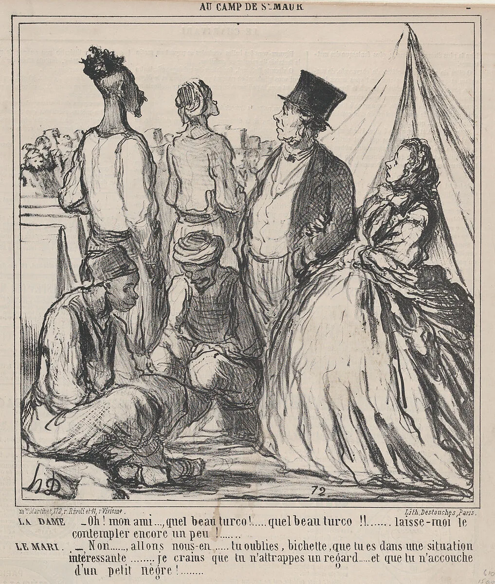 Oh! Mon ami...., quel beau turco!..., from Au Camp de Saint-Maur, published in Le Charivari, August 15, 1859 — Honoré Daumier|Aaron Martinet|Destouches