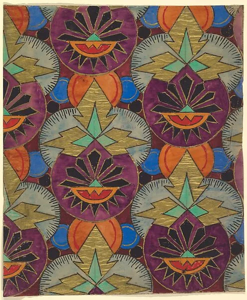 Repetitive Pattern with Purple Circles Topped with Three-Pronged Gold Motifs — Anonymous, French, 20th century