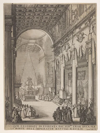 Catafalque of the Emperor Mathias with performance of funeral inside the Church of San Lorenzo, Florence