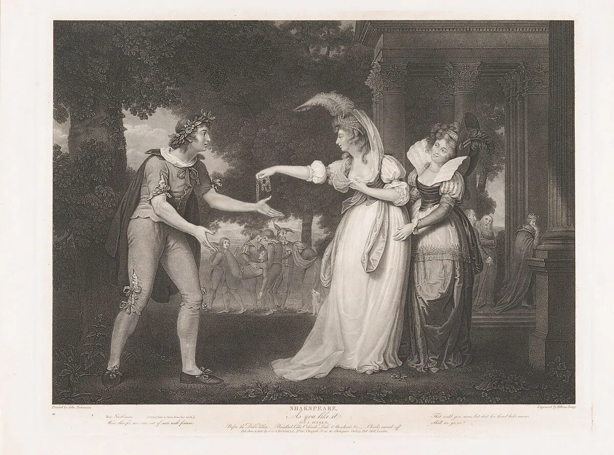 Before the Duke's Palace–Rosalind, Celia, Orlando, the Duke & Attendants (Shakespeare, As You Like It, Act 1, Scene 2) — William Satchwell Leney|John Downman|John & Josiah Boydell|William Shakespeare|Shearjashub Spooner