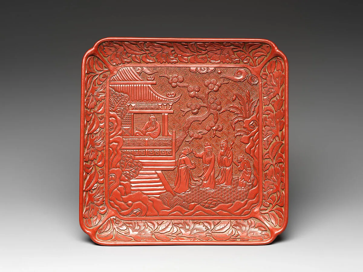 明中期 雕漆剔紅庭園高仕圖委角方盤|Square dish with figures in a garden — Unknown