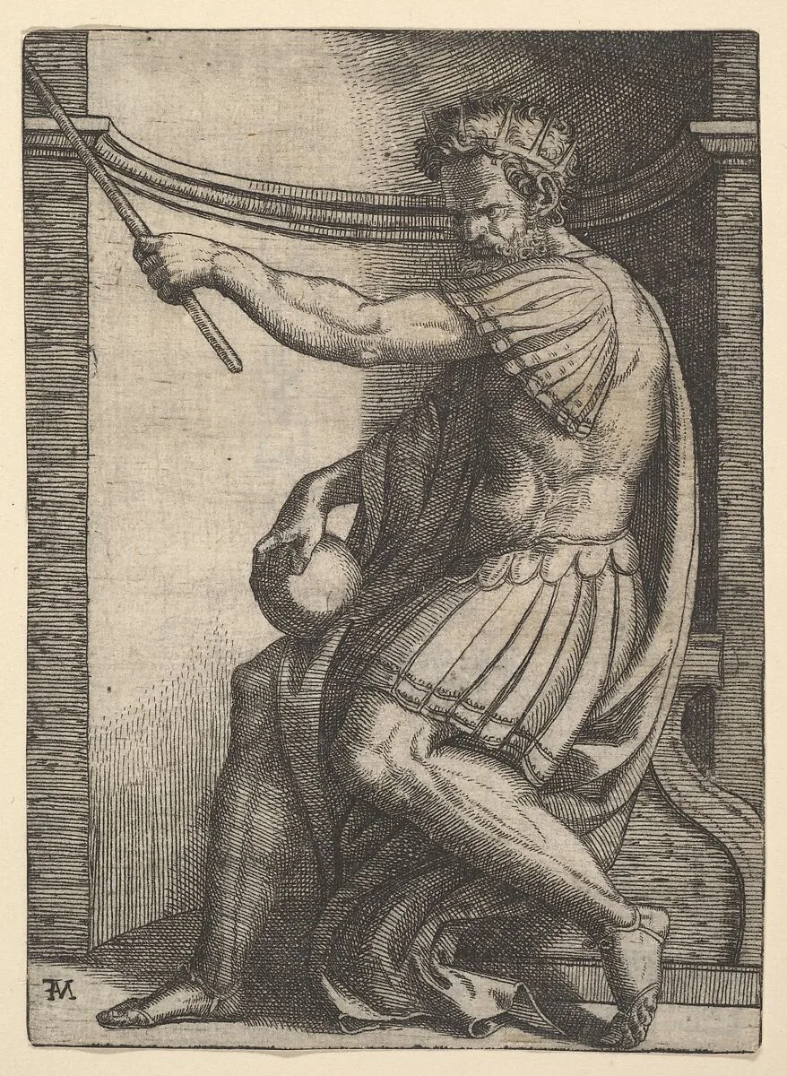 A Roman emperor sitting in a niche holding a sceptre in his raised left hand and a globe in his right hand — Marcantonio Raimondi|Giulio Romano|Raphael (Raffaello Sanzio or Santi)