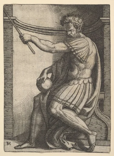 A Roman emperor sitting in a niche holding a sceptre in his raised left hand and a globe in his right hand