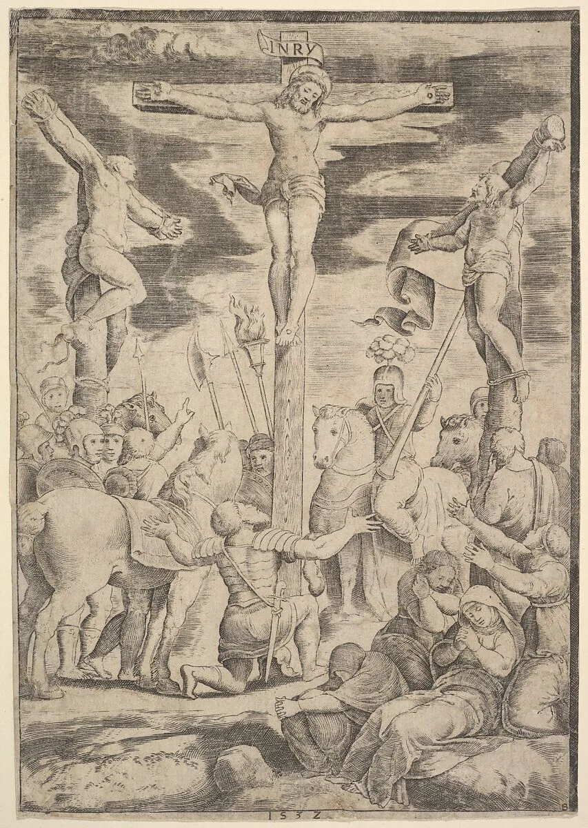The conversion of the Centurion who flings his arms open before Christ on the cross — Master of the Die