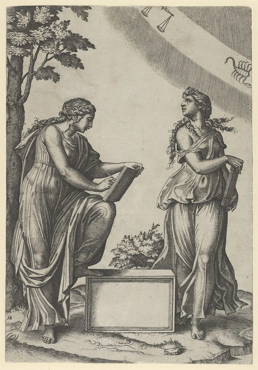 Two women of the zodiac standing beneath the signs of Libra and Scorpio — Raphael (Raffaello Sanzio or Santi)|Marcantonio Raimondi