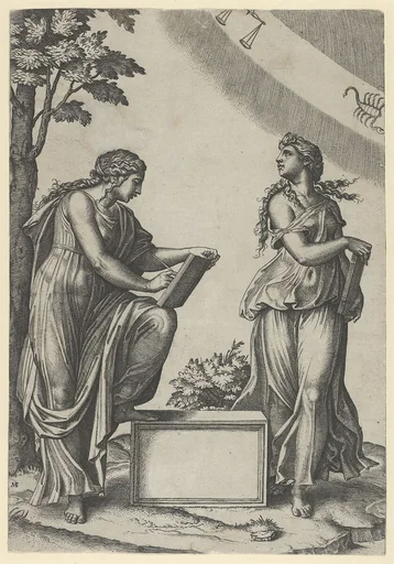 Two women of the zodiac standing beneath the signs of Libra and Scorpio