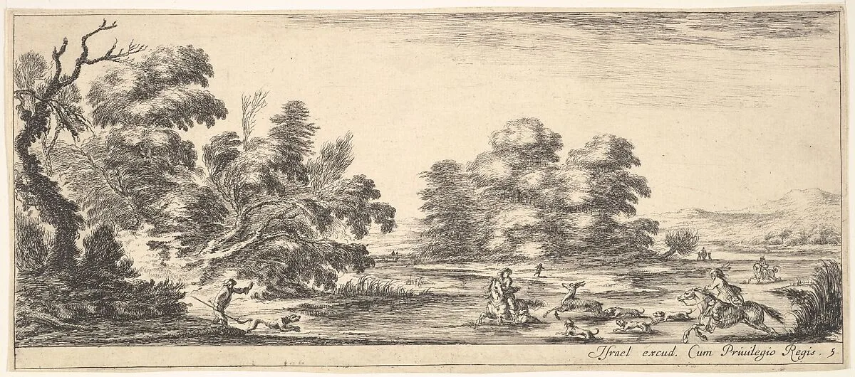 Plate 5: two horsemen in a stream to right, riding towards the left, following four dogs chasing a stag, another dog running into the water from the left, from 'Various landscapes' (Divers paysages) — Stefano della Bella|Israël Henriet