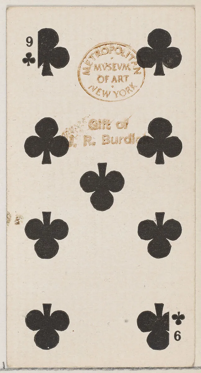 Nine Clubs (black), from the Playing Cards series (N84) for Duke brand cigarettes — W. Duke, Sons & Co.