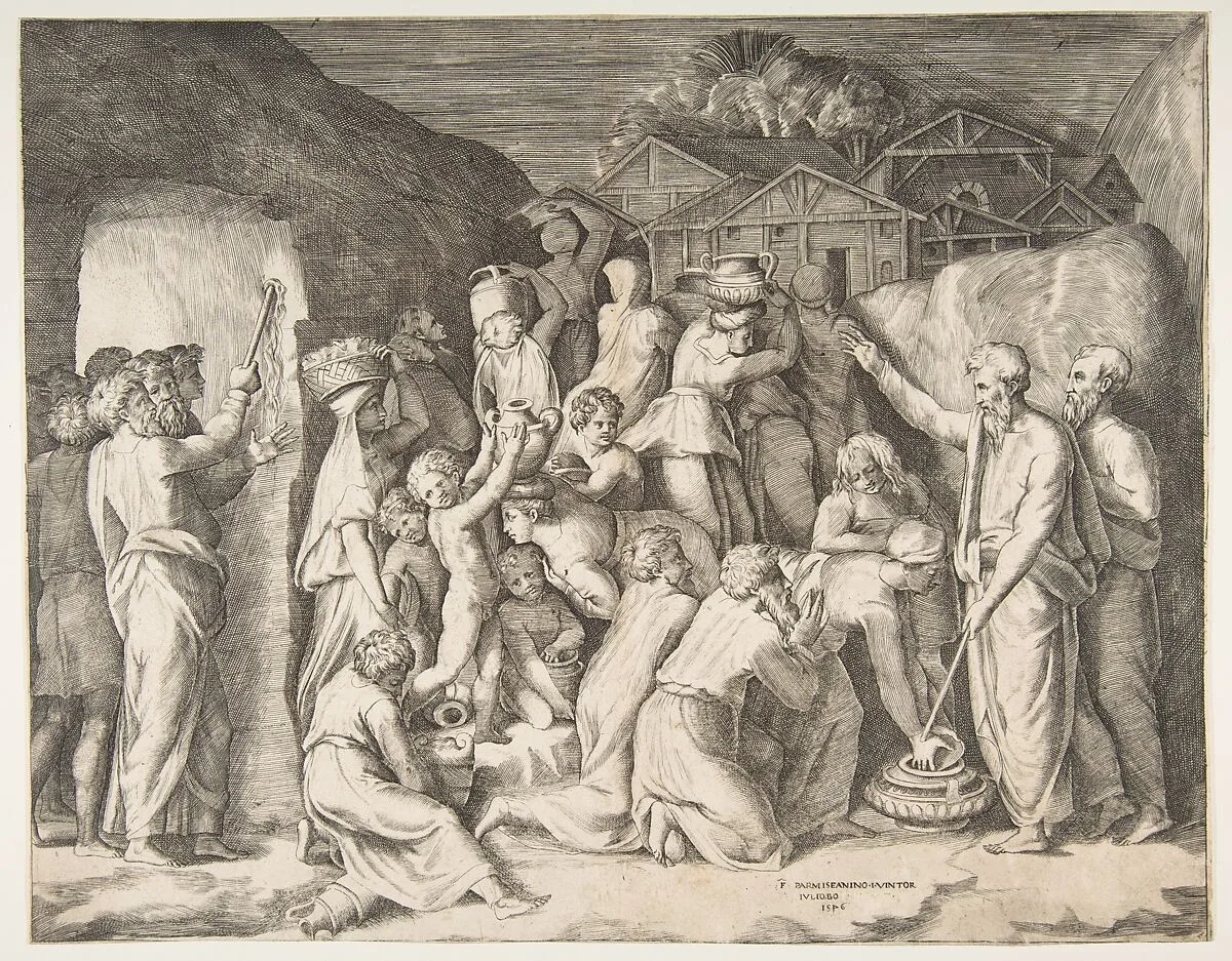 Moses at right telling the Israelites to gather the manna and at left Moses striking the rock — Giulio Bonasone|Polidoro da Caravaggio