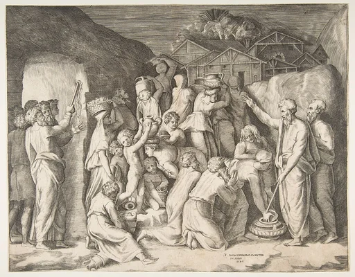 Moses at right telling the Israelites to gather the manna and at left Moses striking the rock