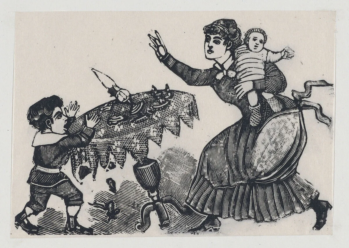 A child tipping over a table, his mother rushing to stop him — José Guadalupe Posada