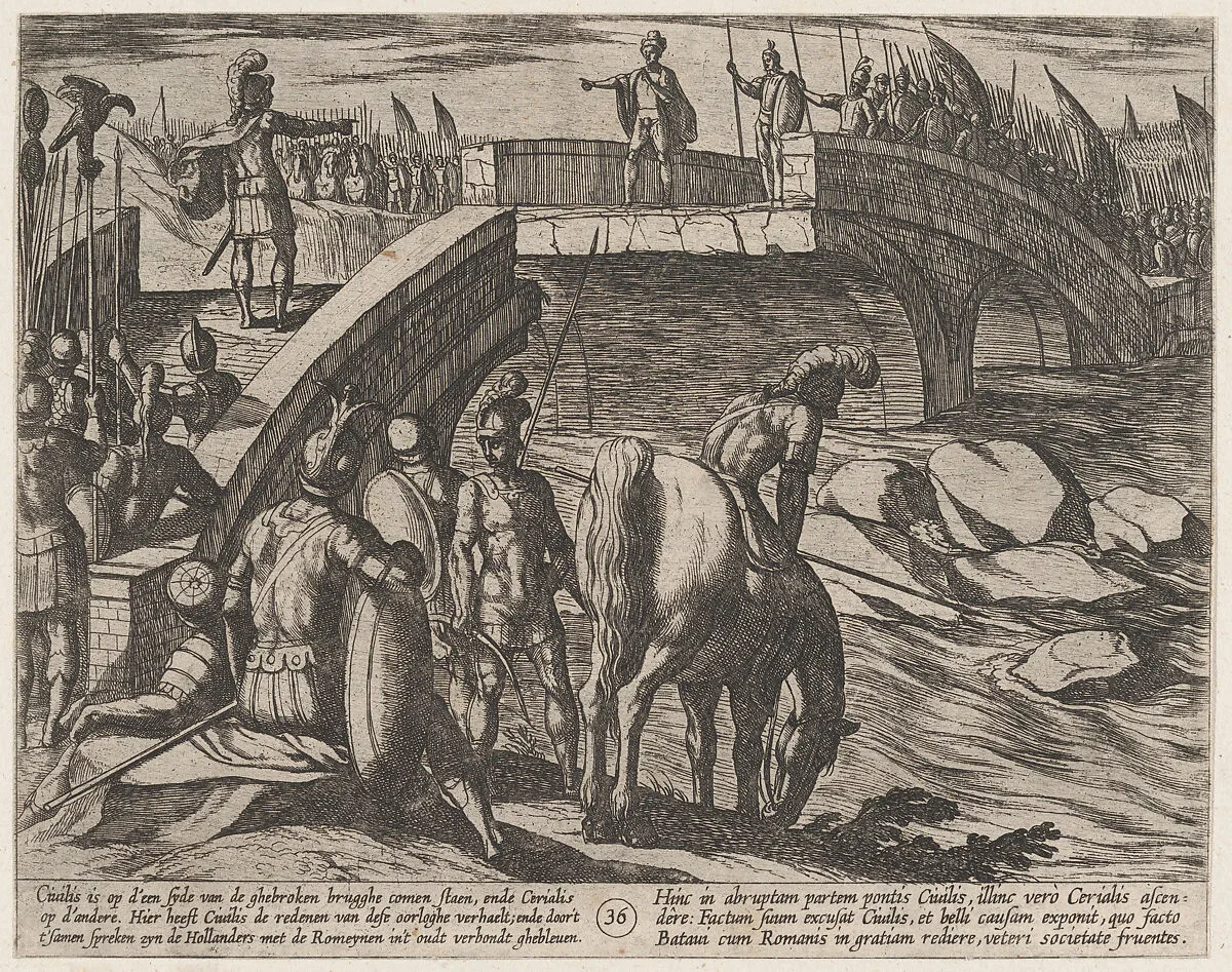 Plate 36: Civilis and Cerialis Meet on a Broken Bridge to Reach an Accord, from The War of the Romans Against the Batavians (Romanorvm et Batavorvm societas) — Antonio Tempesta|Otto van Veen