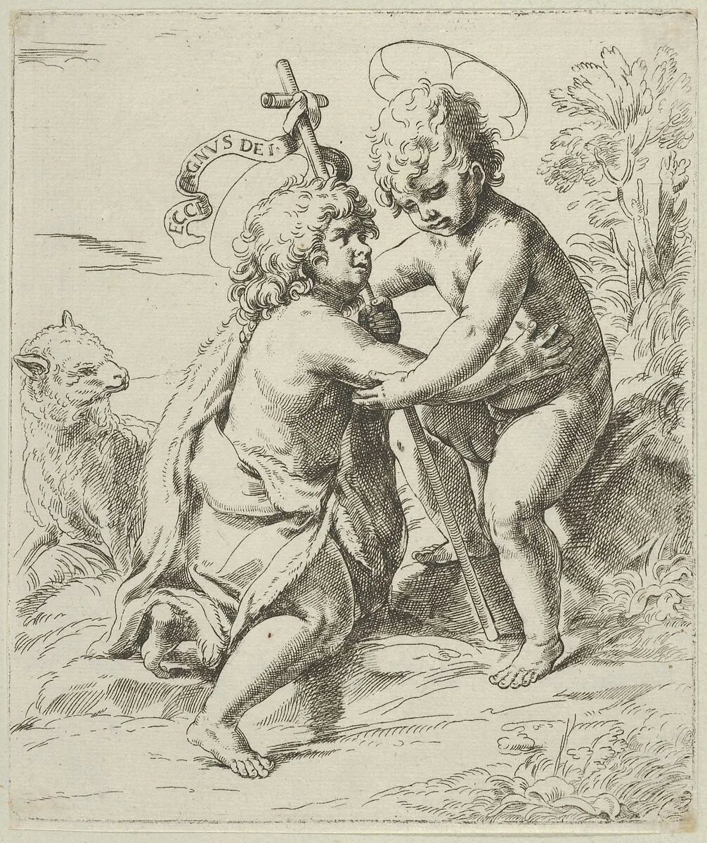 The young Saint John the Baptist kneeling before the young Christ who embraces him, a lamb at left, after Reni — Guido Reni|Anonymous, 17th century
