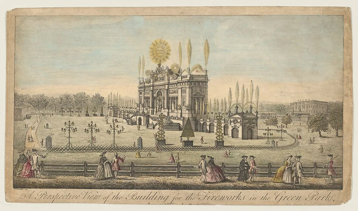 A Perspective View of the Building for the Fireworks in the Green Park taken from the Reservoir, London, 1814 — P. Brookes|Paul Angier