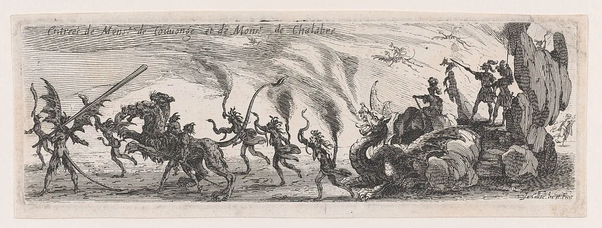 Entrée de MM. de Couvonge et de Chalabre (Entrance of Monsieur de Couvonge and of Monsieur de Chalabre), from Le Combat a la Barrière in the Palace at Nancy by Henri Humbert, printed by Sebastien Phillipe — Jacques Callot|Henri Humbert