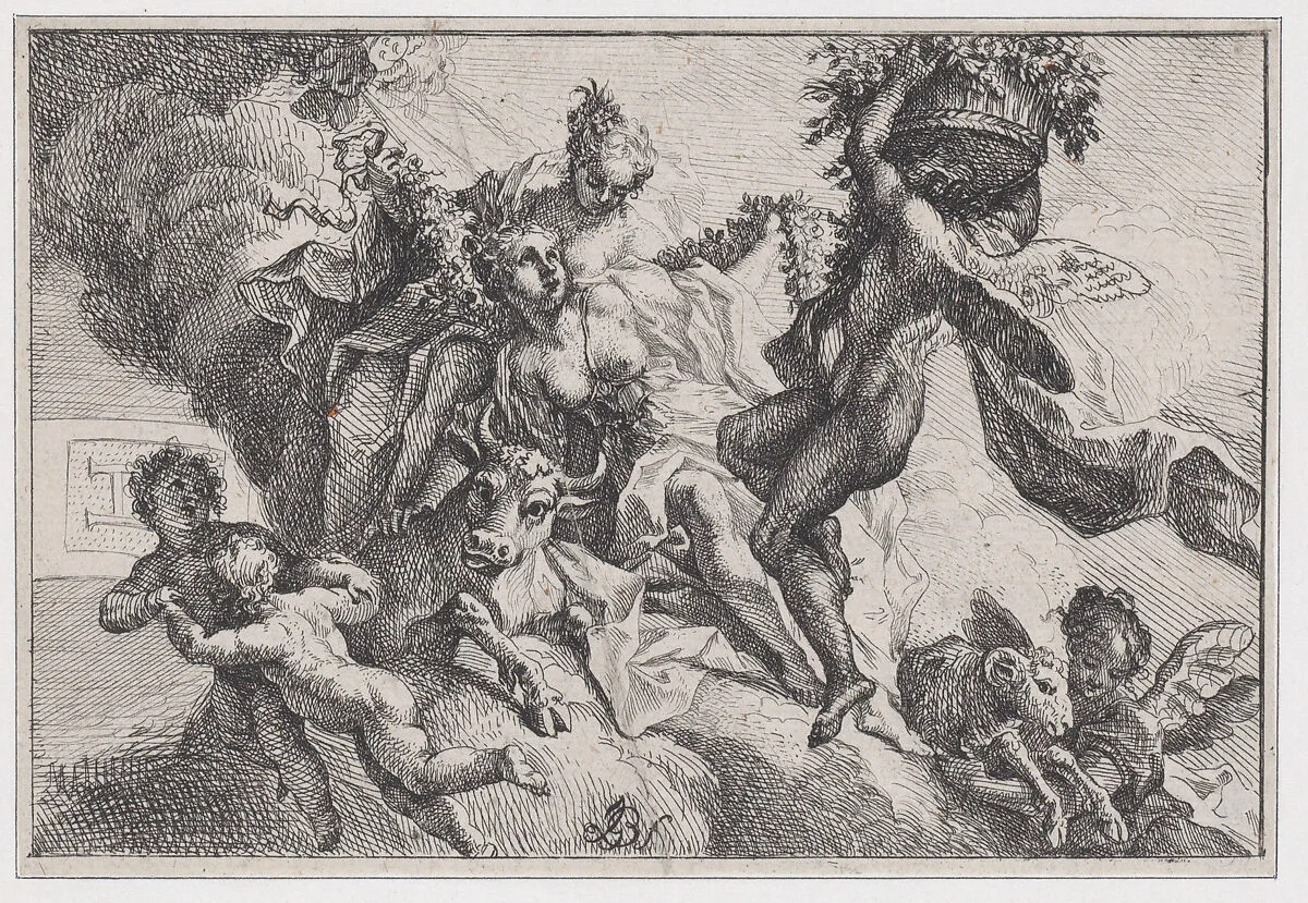Autumn: allegorical scene with figures seated on clouds with a bull and ram — Johann Georg Bergmüller