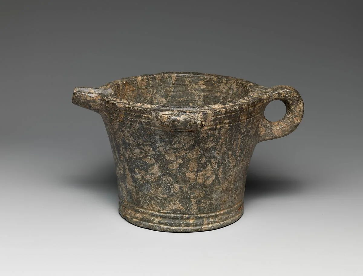 Serpentine bowl with spout and handle — Unknown