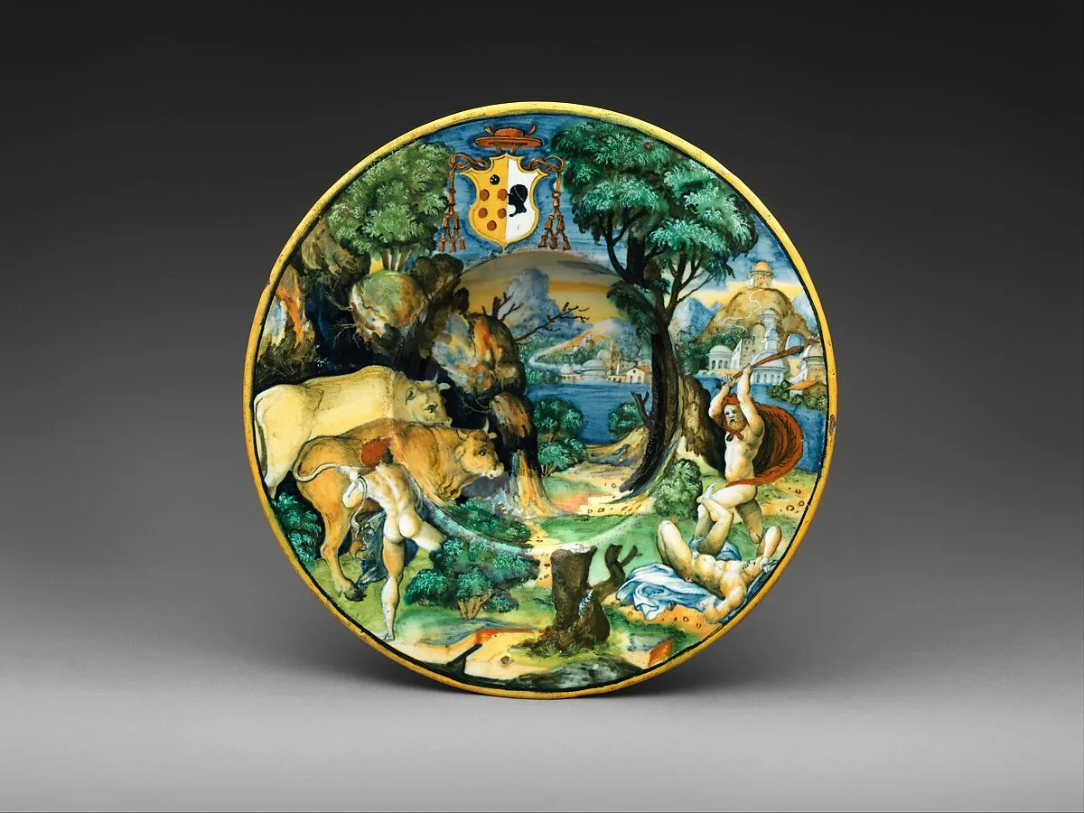 Wide-rimmed bowl with Hercules and Cacus and arms of Cardinal Antonio Pucci — workshop of Guido Durantino