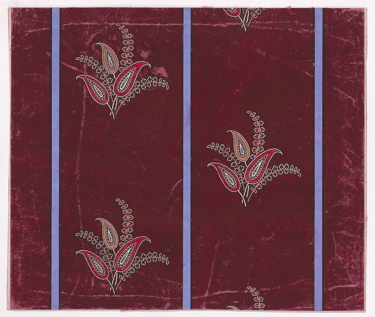 Textile Design with Alternating Vertical Rows of Bunches of Large Paisley-Inspired Stylized Leaves and Branches with Pairs of Stylized Leaves Separated by Vertical Stripes — Anonymous, Alsatian, 19th century