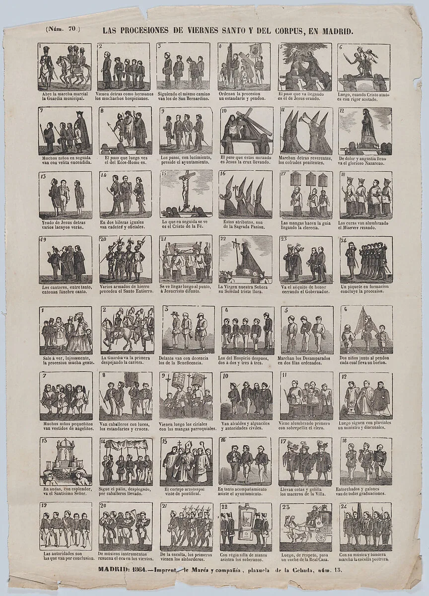Broadside with 48 scenes showing the holy Friday procession in Madrid — José María Marés