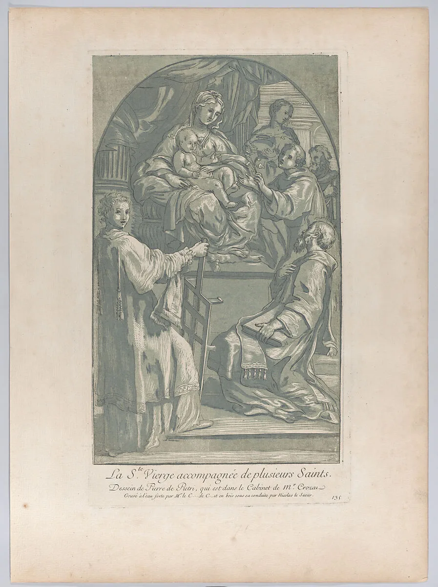 The Virgin and Child seated on a pedestal at center, to the right a monk offers a flower, and in the foreground a saint kneels before them while Saint Lawrence rests his hands on a gridiron; from 'Recueil d'estampes d'après les plus beaux tableaux et d'après les plus beaux desseins qui sont en France, Cabinet Crozat' after a drawing by Pietro Antonio de' Pietri — Anne Claude Philippe de Tubières, comte de Caylus|Pietro Antonio de' Pietri|Nicolas Le Sueur