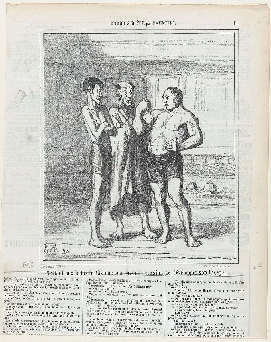 Going to the swimming pool just for the development of one's muscles, from 'Summer sketches,' published in Le Charivari, August 10, 1865 — Destouches|Honoré Daumier|Aaron Martinet