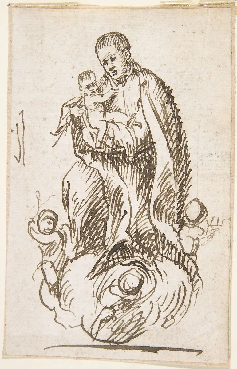 Male Saint (Stanisław Kostka?) standing on clouds supported by putti, holding infant Christ — Anonymous, Spanish, School of Seville, 17th century|Pedro Duque Cornejo