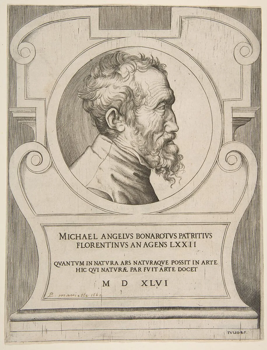 Bust portrait of Michelangelo facing right, set within a cartouche — Michelangelo Buonarroti|Giulio Bonasone