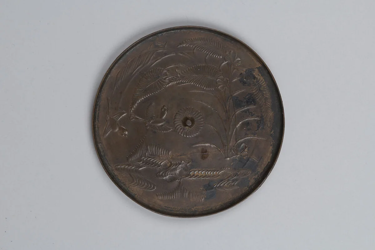 山水双鳥羽黒鏡|Haguro Mirror (Haguro kyō) with Birds and Flowers by a Stream — Unknown