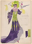 Drawing for a female theatrical costume of Renaissance style in green and plum with golden trimmings