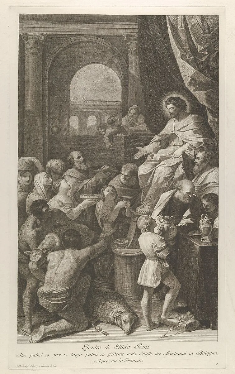 Saint Job seated at right receiving the gifts of the people, archway at left, after Reni — Guido Reni|Giuliano Traballesi|Giuliano Traballesi