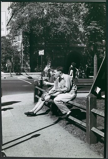 [Three Young Men Seated on Fence, Yale University Campus, New Haven, Connecticut, Possibly for Unpublished Fortune Portfolio "The Clothes"]