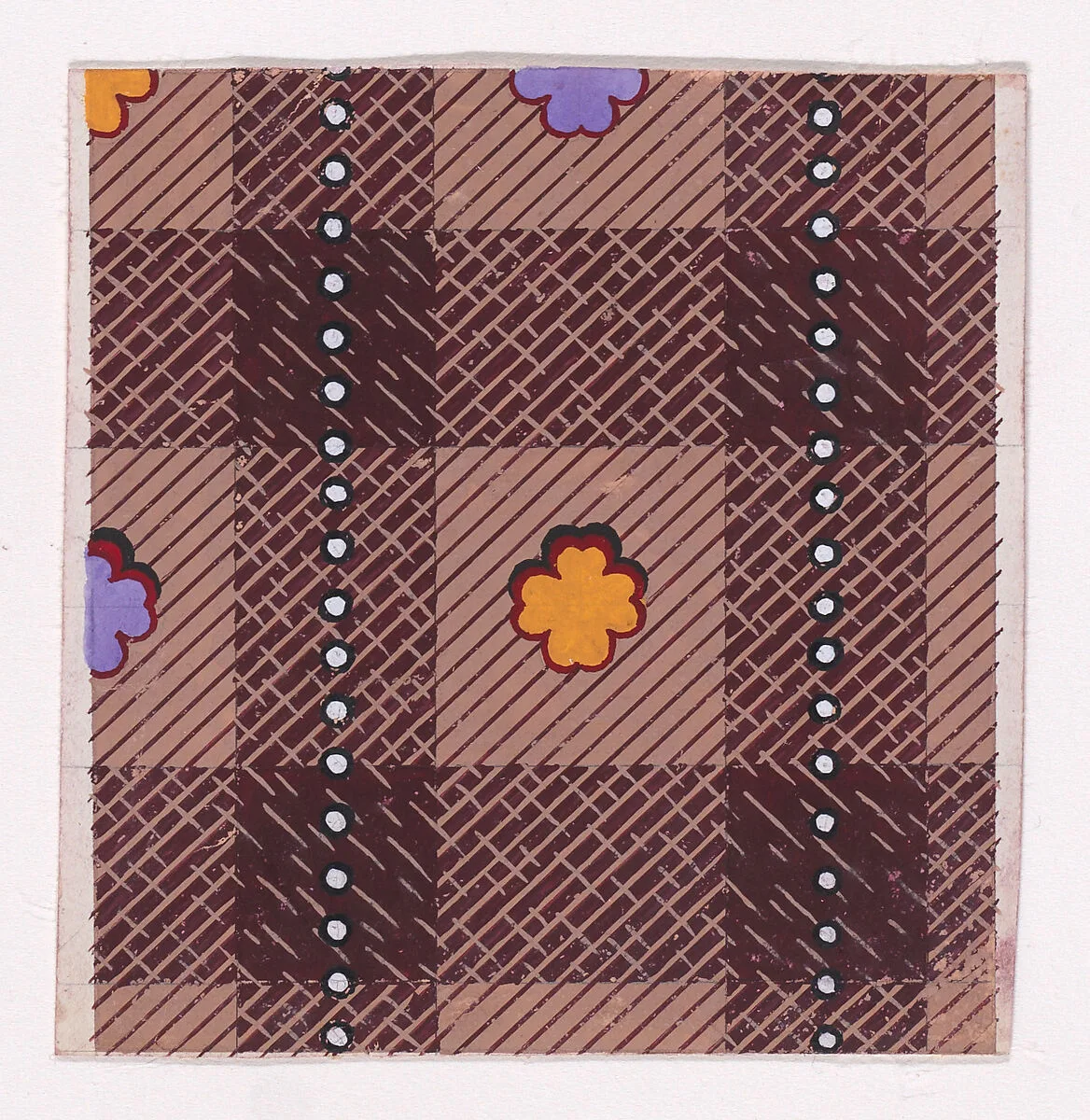 Textile Design with a Tartan Pattern Decorated with Stylized Clovers and Vertical Strips of Pearls — Anonymous, Alsatian, 19th century