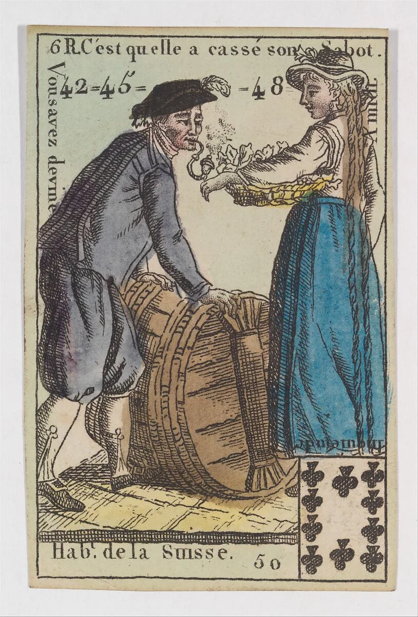 Hab.t de la Suisse, from the playing cards (for quartets) "Costumes des Peuples Étrangers" — Anonymous, French, 18th century