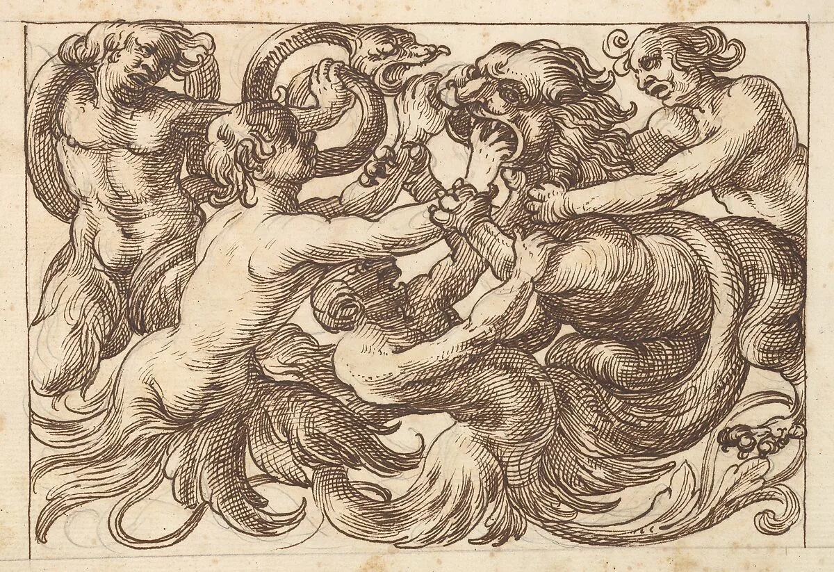 Horizontal Panel Design with Four Male Figures Fighting a Lion — Polifilo Giancarli|Anonymous, Italian, Venetian, 17th century